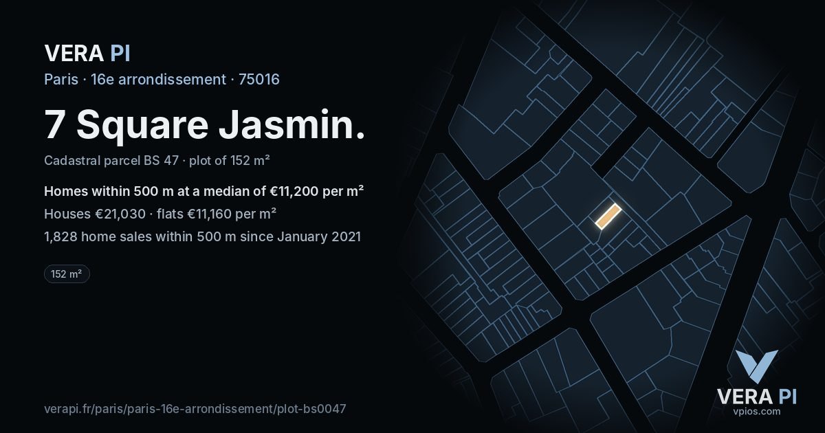 7 Square Jasmin, 16e arrondissement at night – the plot lit, the parcels around coloured by the prices near them