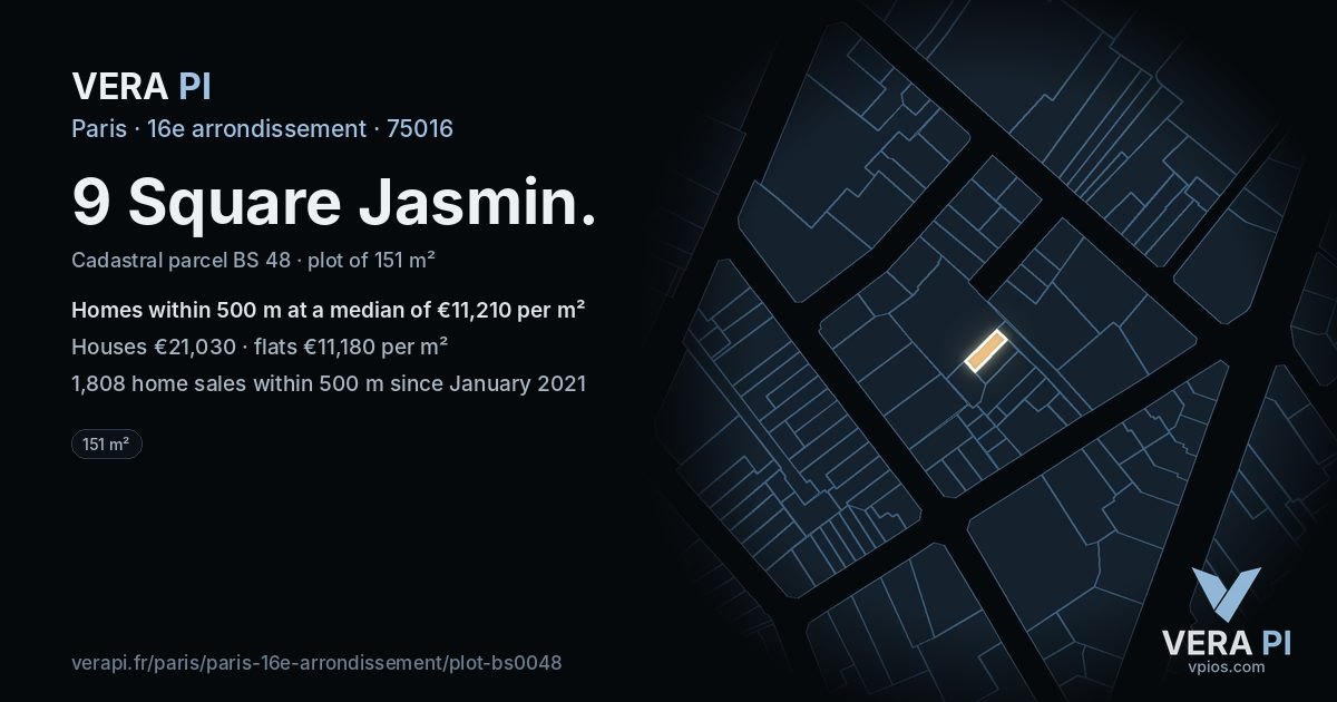 9 Square Jasmin, 16e arrondissement at night – the plot lit, the parcels around coloured by the prices near them
