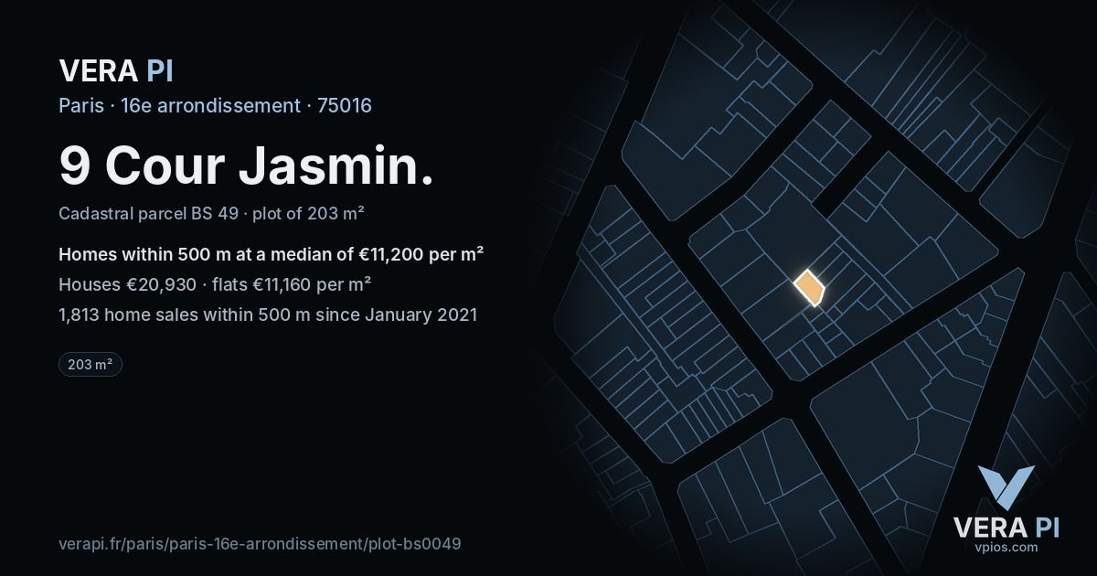 9 Cour Jasmin, 16e arrondissement at night – the plot lit, the parcels around coloured by the prices near them
