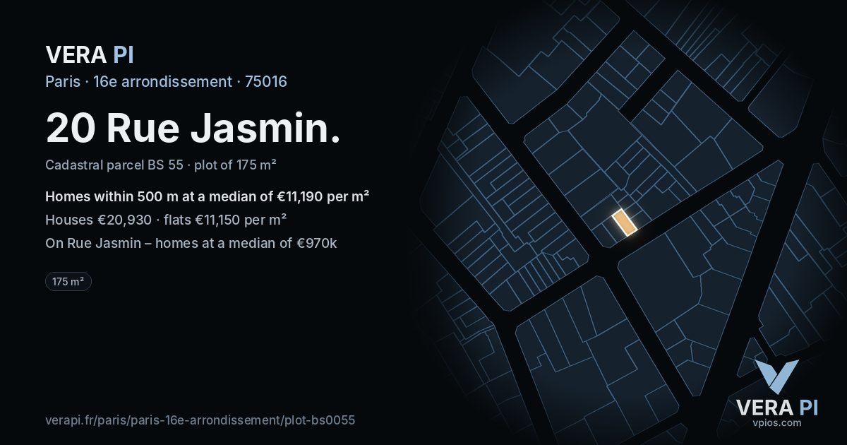 20 Rue Jasmin, 16e arrondissement at night – the plot lit, the parcels around coloured by the prices near them