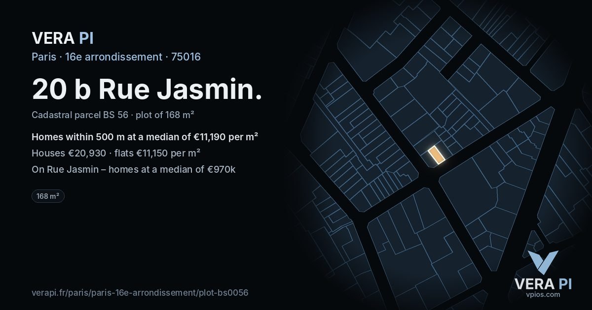 20 b Rue Jasmin, 16e arrondissement at night – the plot lit, the parcels around coloured by the prices near them
