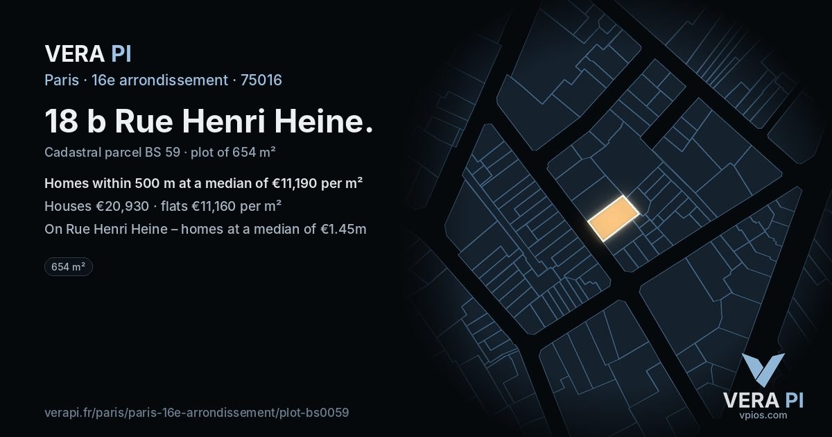 18 b Rue Henri Heine, 16e arrondissement at night – the plot lit, the parcels around coloured by the prices near them