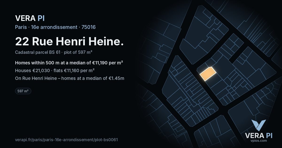 22 Rue Henri Heine, 16e arrondissement at night – the plot lit, the parcels around coloured by the prices near them