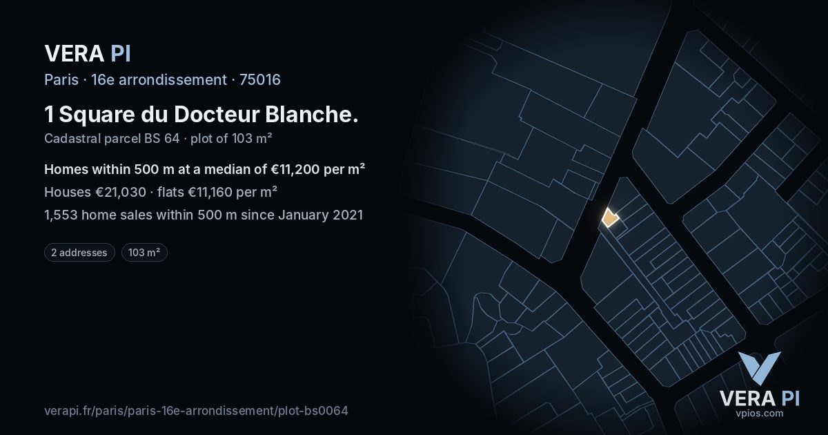 1 Square du Docteur Blanche, 16e arrondissement at night – the plot lit, the parcels around coloured by the prices near them