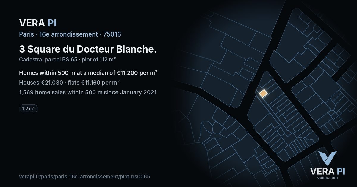 3 Square du Docteur Blanche, 16e arrondissement at night – the plot lit, the parcels around coloured by the prices near them