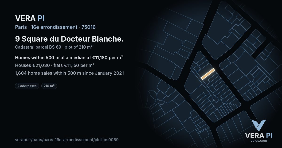 9 Square du Docteur Blanche, 16e arrondissement at night – the plot lit, the parcels around coloured by the prices near them