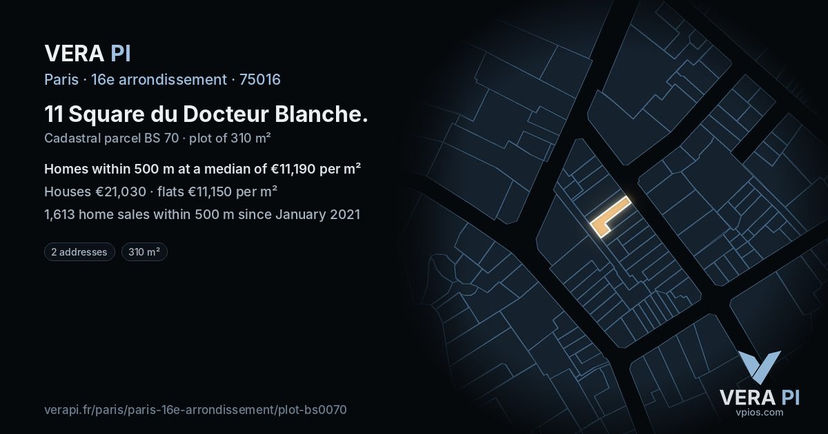 11 Square du Docteur Blanche, 16e arrondissement at night – the plot lit, the parcels around coloured by the prices near them