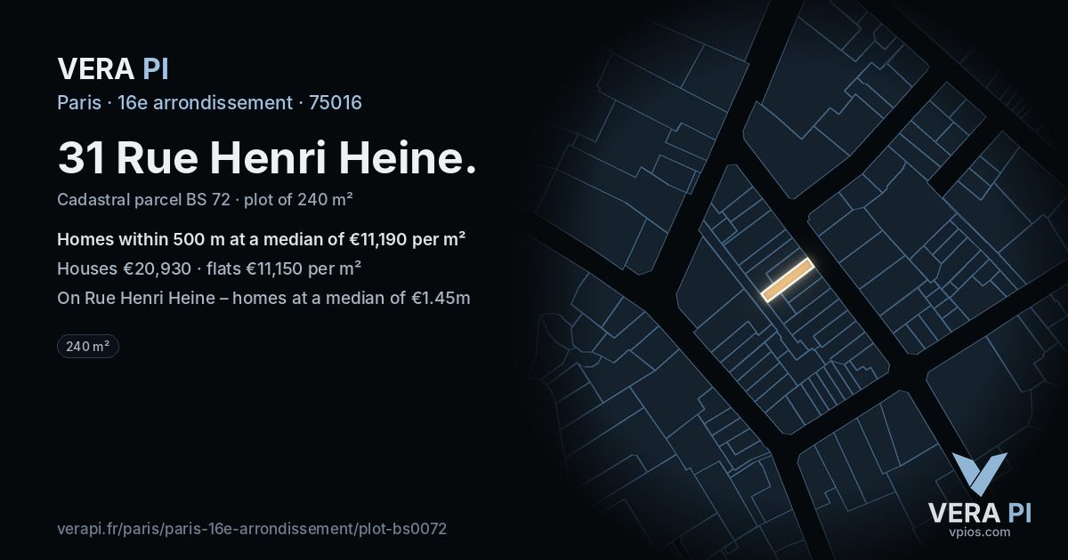 31 Rue Henri Heine, 16e arrondissement at night – the plot lit, the parcels around coloured by the prices near them
