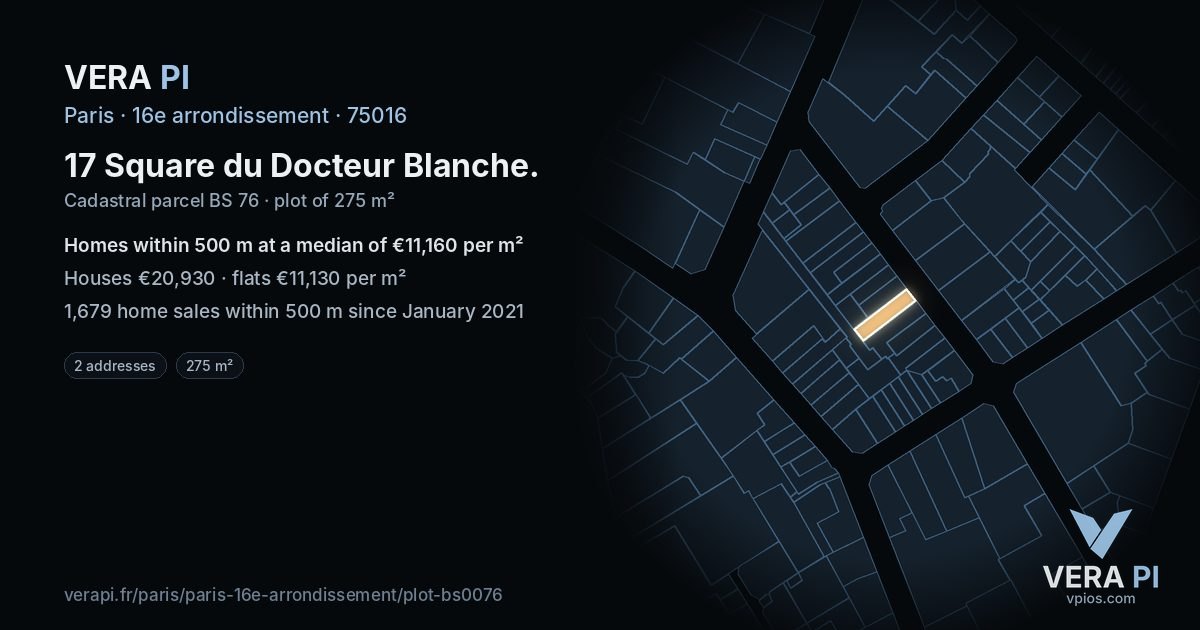 17 Square du Docteur Blanche, 16e arrondissement at night – the plot lit, the parcels around coloured by the prices near them