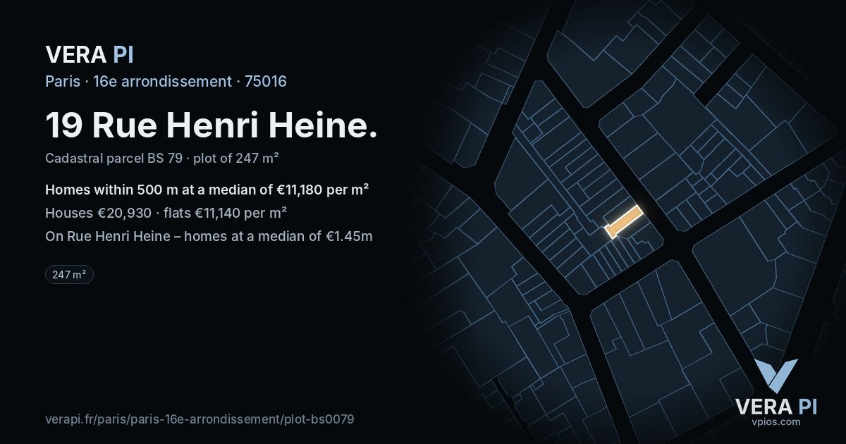 19 Rue Henri Heine, 16e arrondissement at night – the plot lit, the parcels around coloured by the prices near them