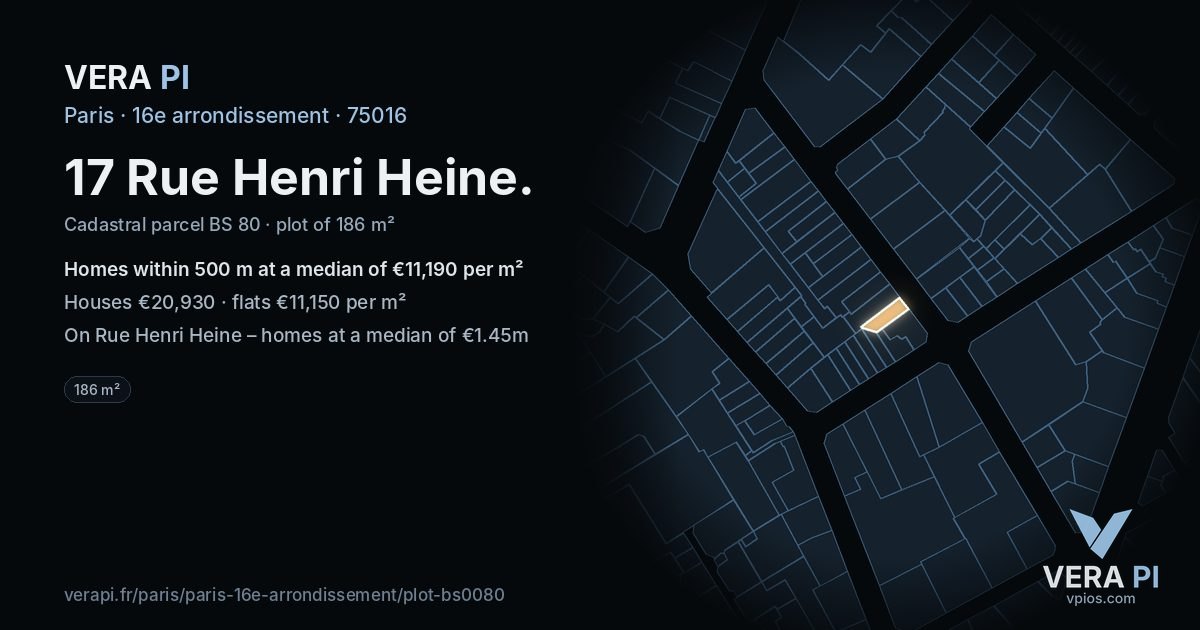 17 Rue Henri Heine, 16e arrondissement at night – the plot lit, the parcels around coloured by the prices near them