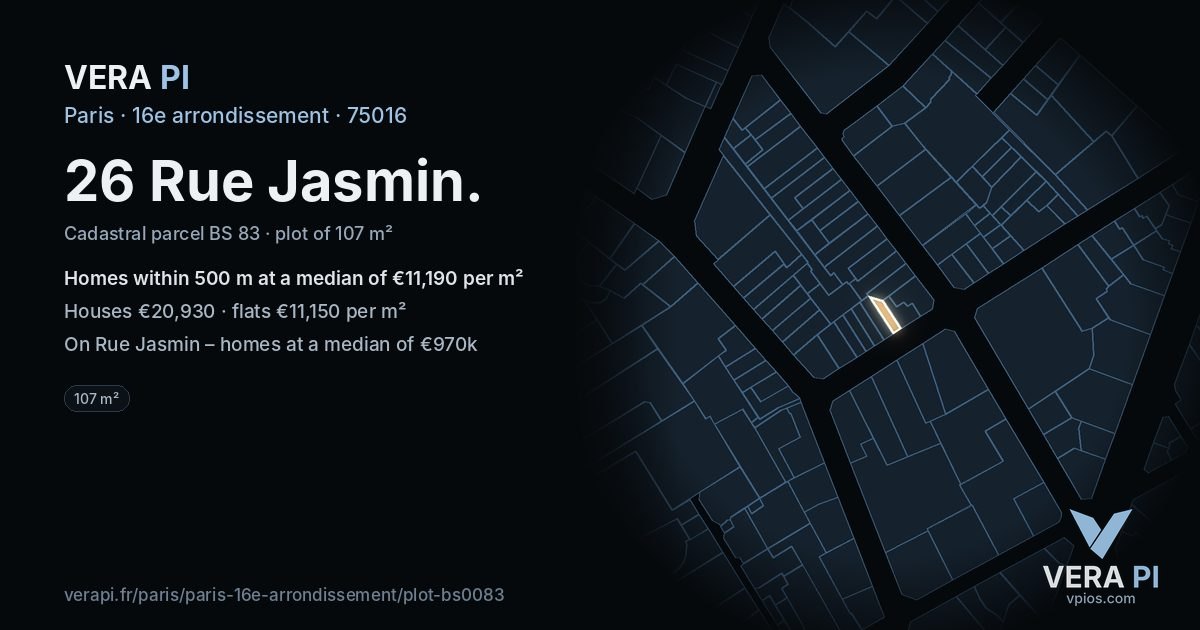26 Rue Jasmin, 16e arrondissement at night – the plot lit, the parcels around coloured by the prices near them