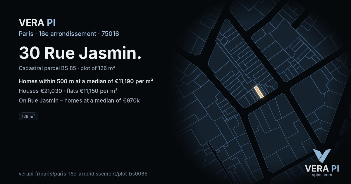 30 Rue Jasmin, 16e arrondissement at night – the plot lit, the parcels around coloured by the prices near them