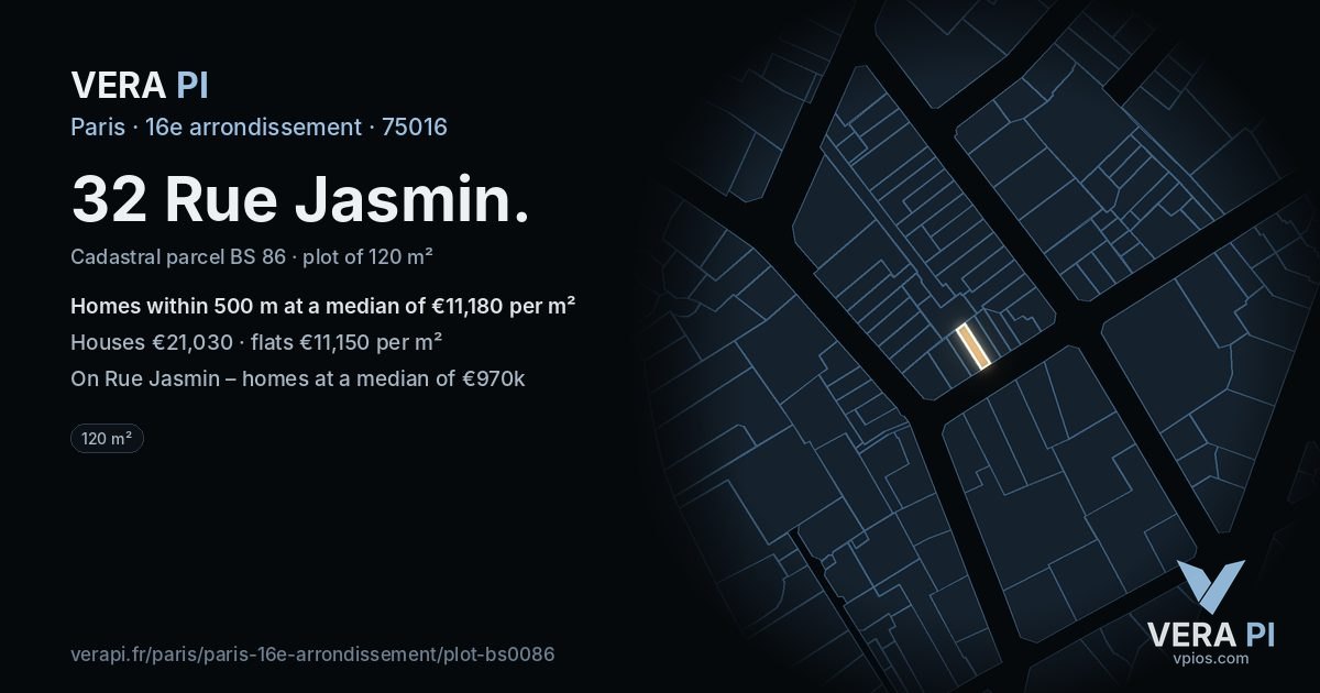 32 Rue Jasmin, 16e arrondissement at night – the plot lit, the parcels around coloured by the prices near them
