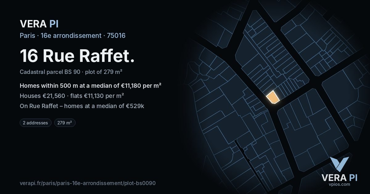 16 Rue Raffet, 16e arrondissement at night – the plot lit, the parcels around coloured by the prices near them