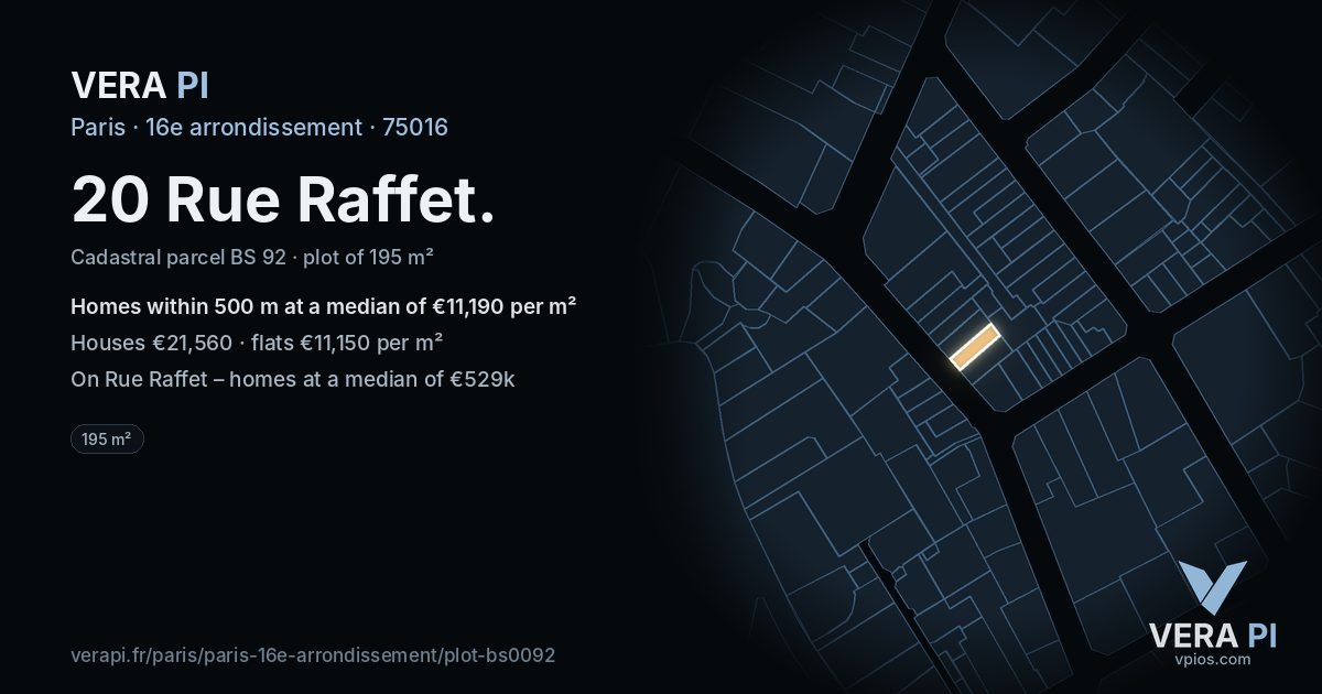 20 Rue Raffet, 16e arrondissement at night – the plot lit, the parcels around coloured by the prices near them