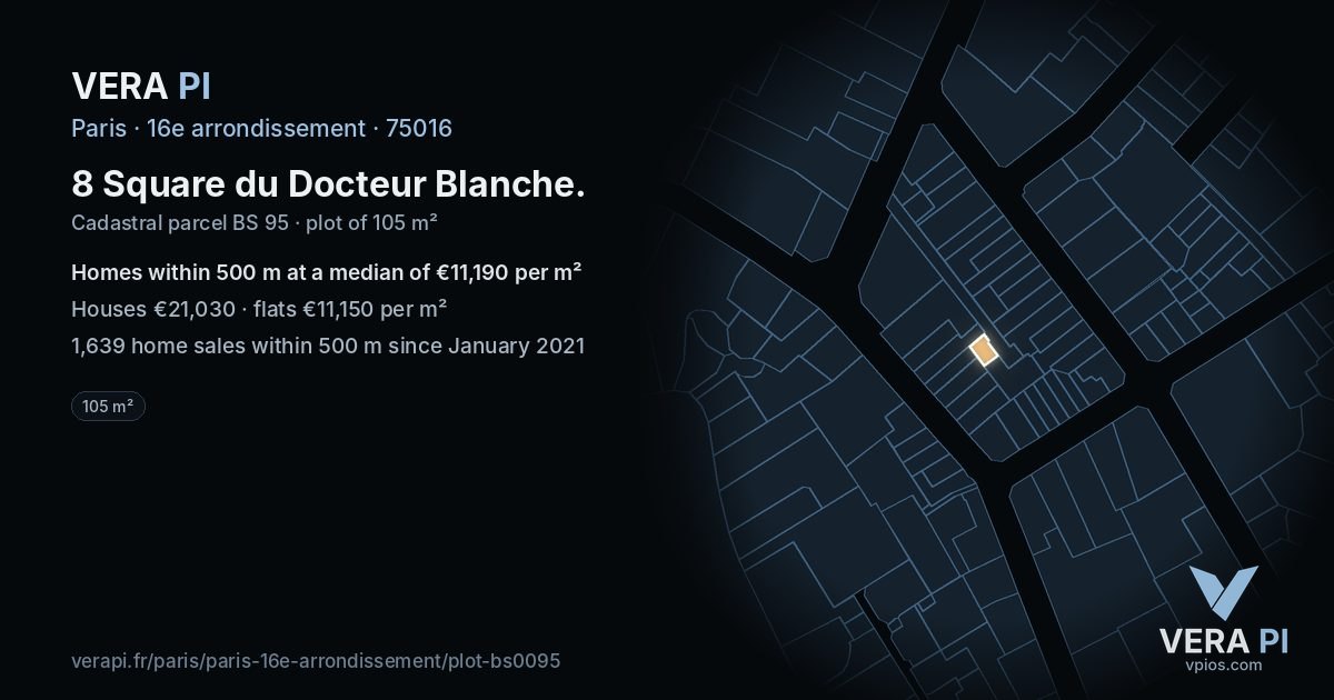 8 Square du Docteur Blanche, 16e arrondissement at night – the plot lit, the parcels around coloured by the prices near them
