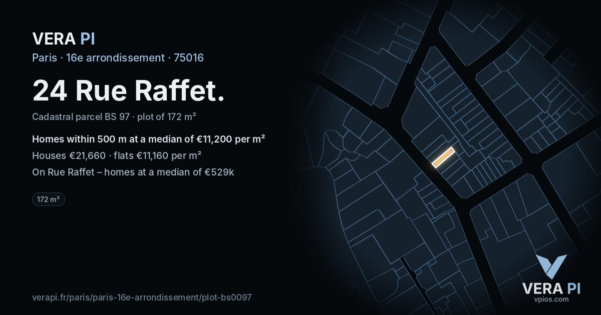 24 Rue Raffet, 16e arrondissement at night – the plot lit, the parcels around coloured by the prices near them