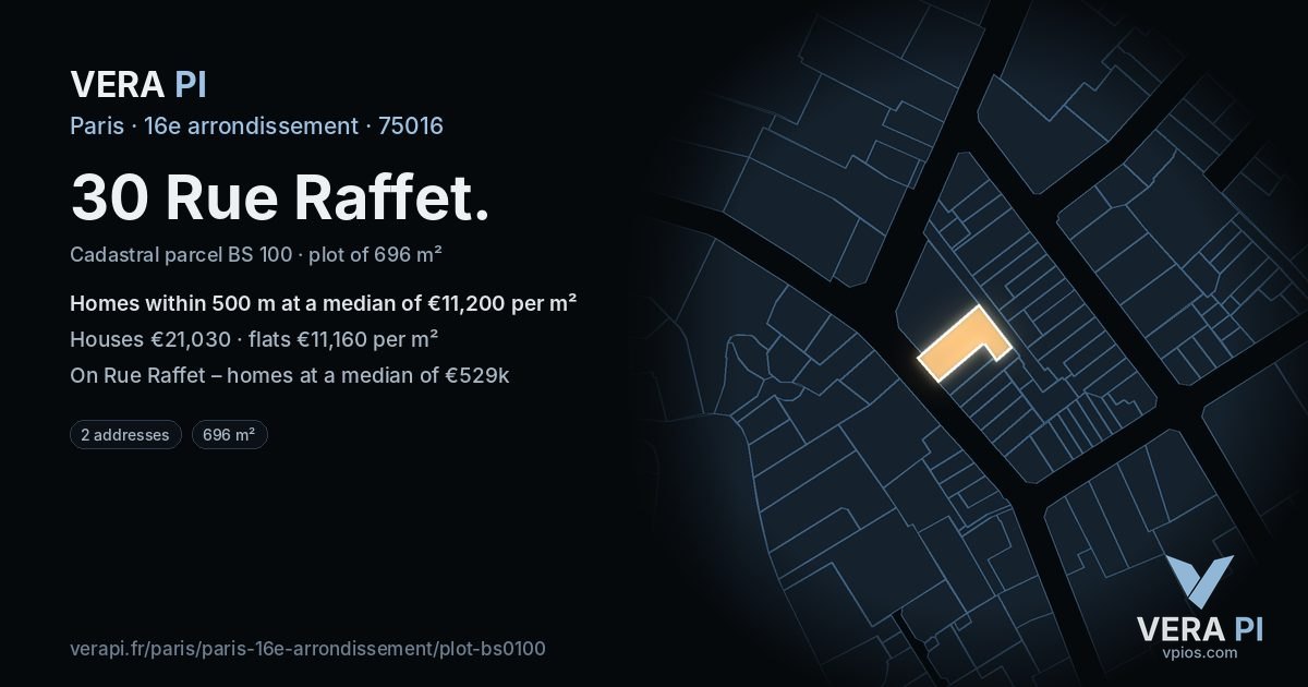 30 Rue Raffet, 16e arrondissement at night – the plot lit, the parcels around coloured by the prices near them