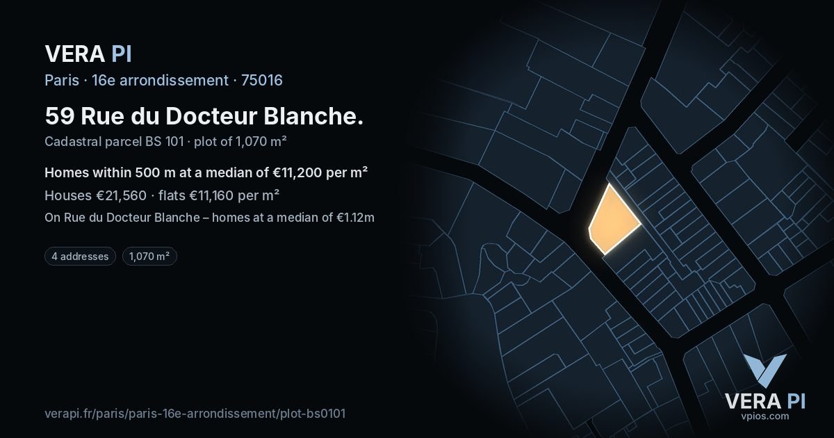 59 Rue du Docteur Blanche, 16e arrondissement at night – the plot lit, the parcels around coloured by the prices near them