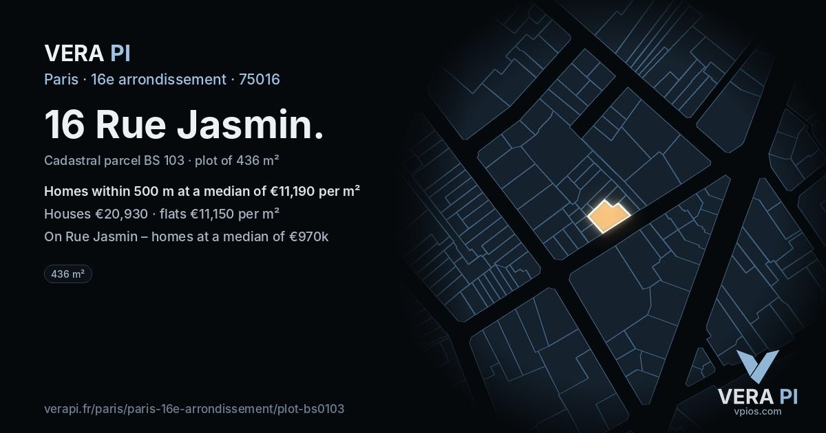 16 Rue Jasmin, 16e arrondissement at night – the plot lit, the parcels around coloured by the prices near them