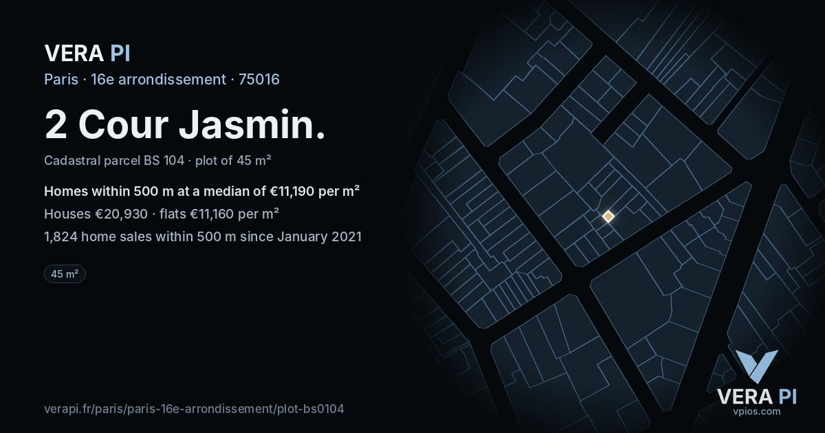 2 Cour Jasmin, 16e arrondissement at night – the plot lit, the parcels around coloured by the prices near them