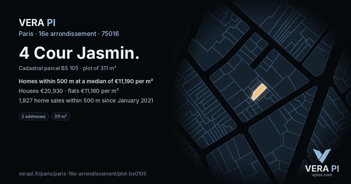 4 Cour Jasmin, 16e arrondissement at night – the plot lit, the parcels around coloured by the prices near them