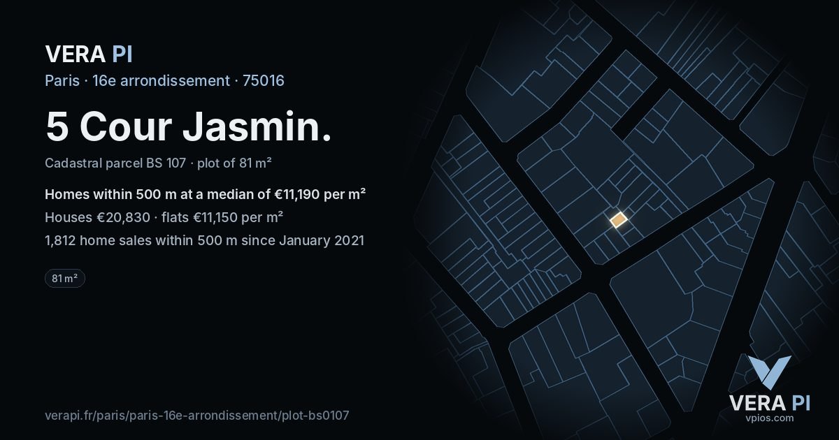5 Cour Jasmin, 16e arrondissement at night – the plot lit, the parcels around coloured by the prices near them