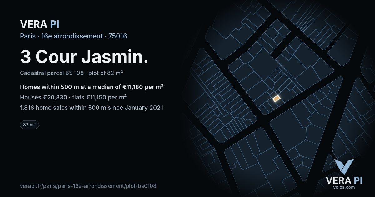 3 Cour Jasmin, 16e arrondissement at night – the plot lit, the parcels around coloured by the prices near them