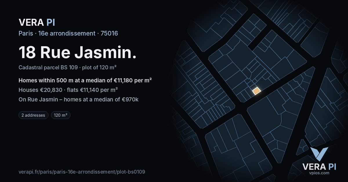 18 Rue Jasmin, 16e arrondissement at night – the plot lit, the parcels around coloured by the prices near them