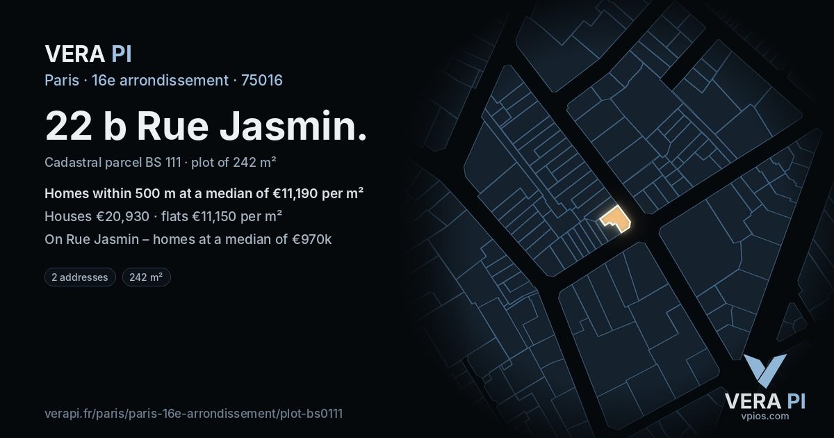 22 b Rue Jasmin, 16e arrondissement at night – the plot lit, the parcels around coloured by the prices near them