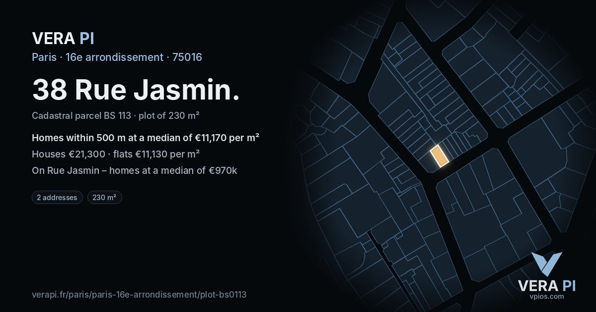 38 Rue Jasmin, 16e arrondissement at night – the plot lit, the parcels around coloured by the prices near them