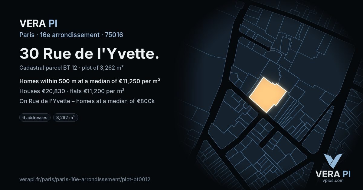 30 Rue de l'Yvette, 16e arrondissement at night – the plot lit, the parcels around coloured by the prices near them