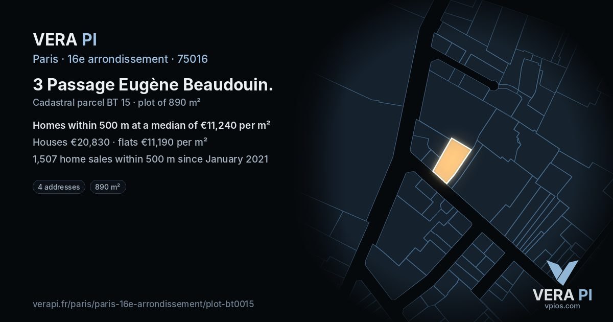 3 Passage Eugène Beaudouin, 16e arrondissement at night – the plot lit, the parcels around coloured by the prices near them