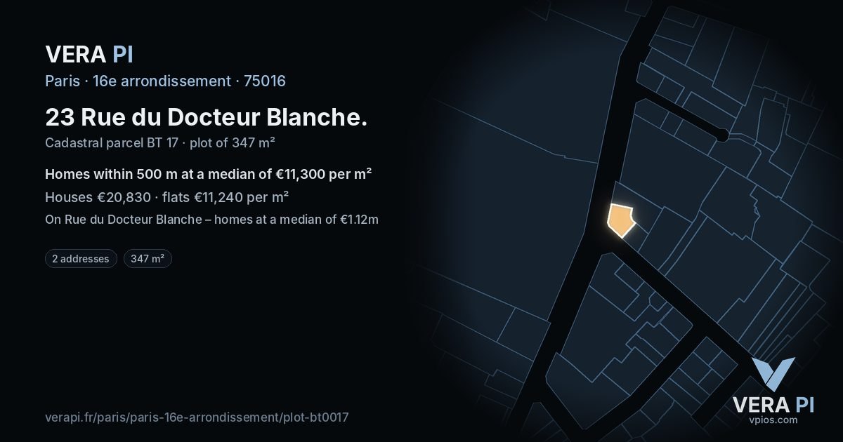 23 Rue du Docteur Blanche, 16e arrondissement at night – the plot lit, the parcels around coloured by the prices near them