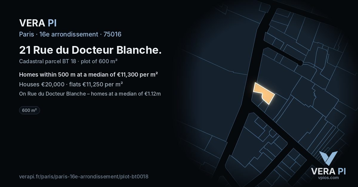 21 Rue du Docteur Blanche, 16e arrondissement at night – the plot lit, the parcels around coloured by the prices near them