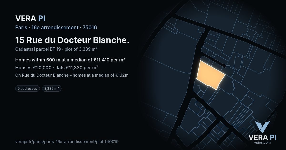 15 Rue du Docteur Blanche, 16e arrondissement at night – the plot lit, the parcels around coloured by the prices near them