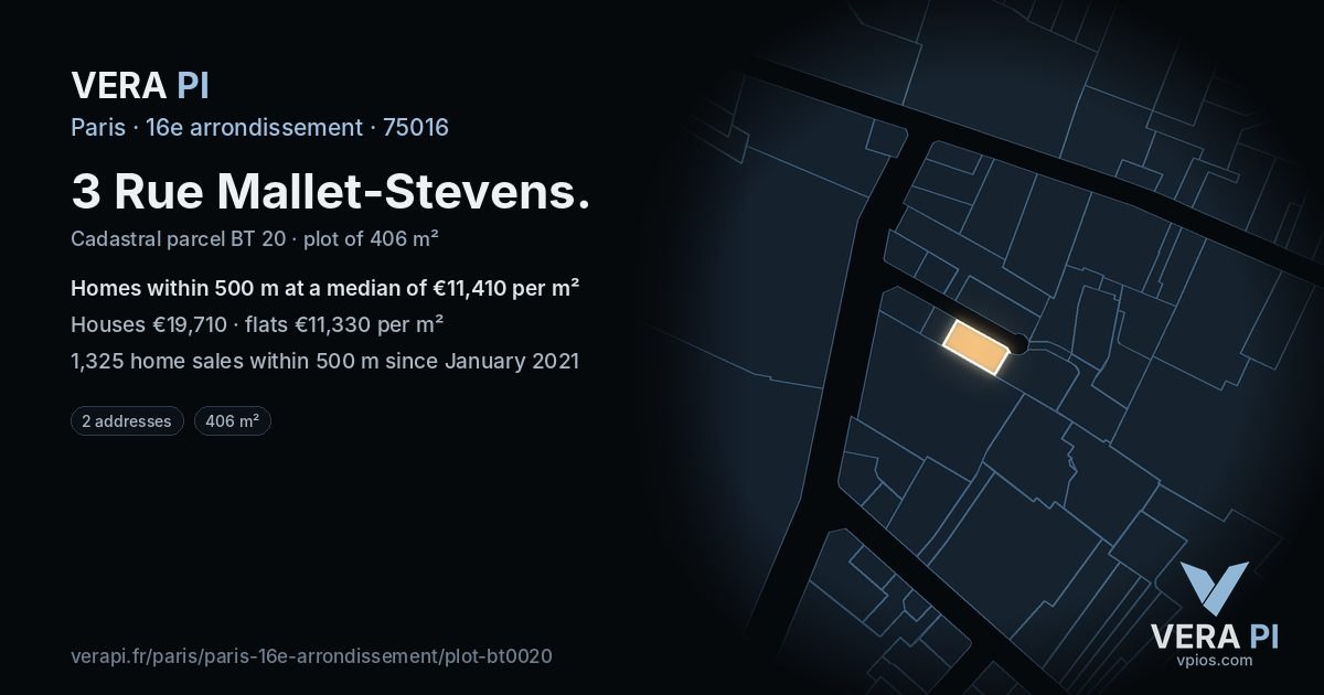 3 Rue Mallet-Stevens, 16e arrondissement at night – the plot lit, the parcels around coloured by the prices near them