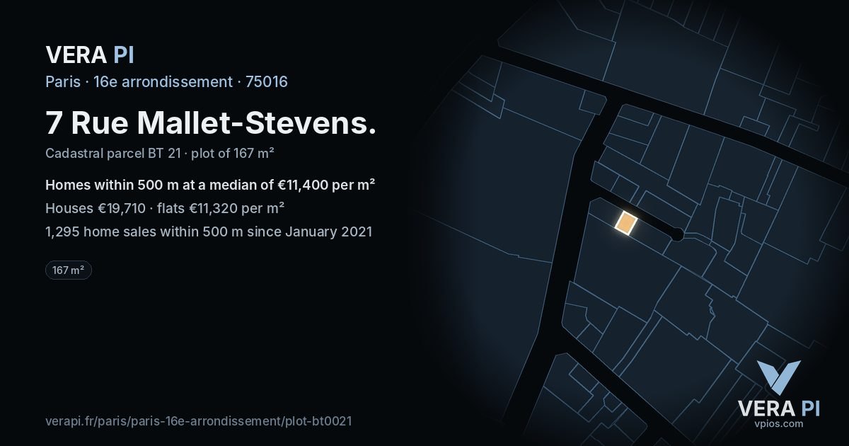 7 Rue Mallet-Stevens, 16e arrondissement at night – the plot lit, the parcels around coloured by the prices near them