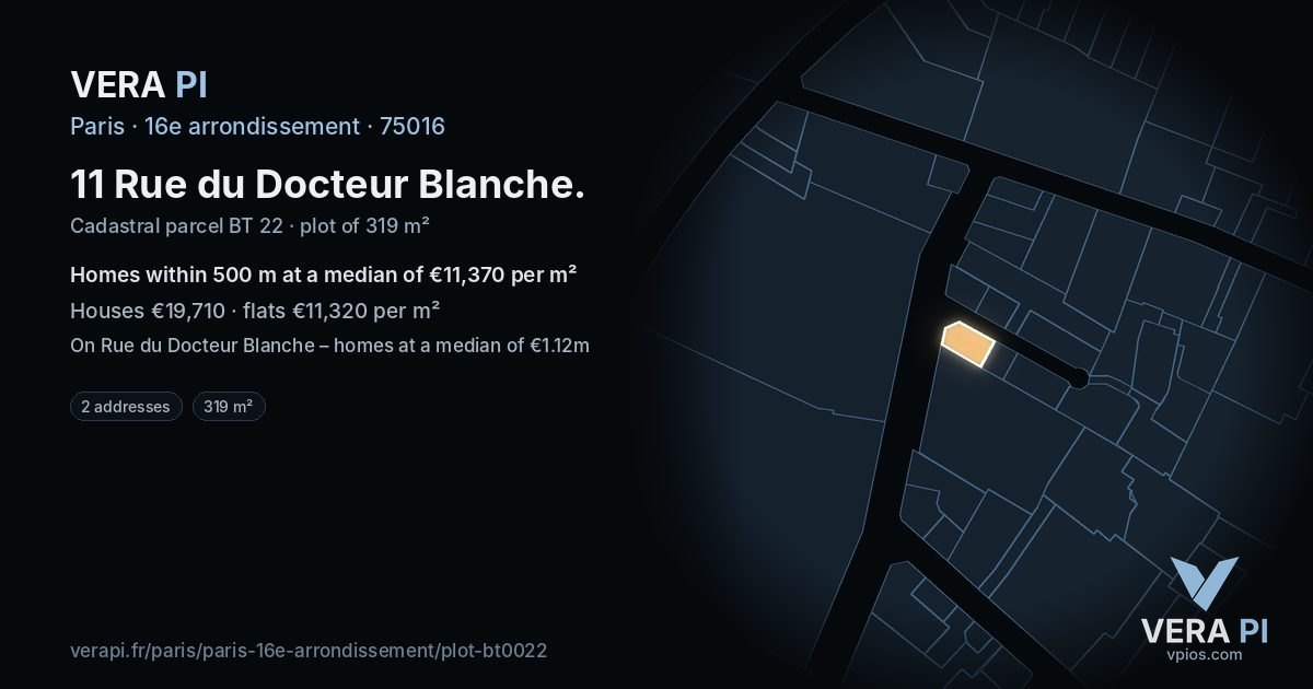 11 Rue du Docteur Blanche, 16e arrondissement at night – the plot lit, the parcels around coloured by the prices near them