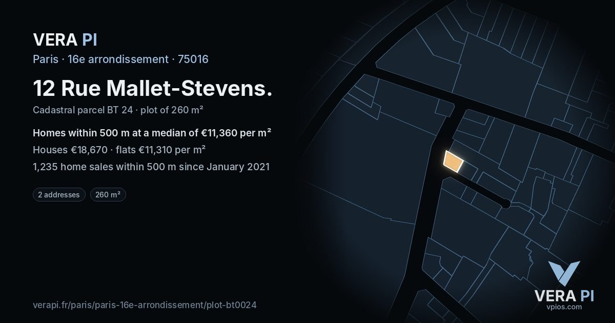 12 Rue Mallet-Stevens, 16e arrondissement at night – the plot lit, the parcels around coloured by the prices near them