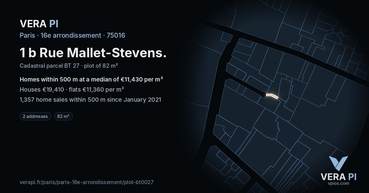 1 b Rue Mallet-Stevens, 16e arrondissement at night – the plot lit, the parcels around coloured by the prices near them