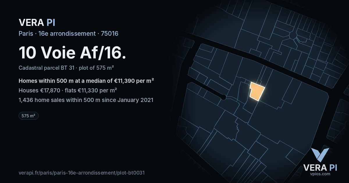 10 Voie Af/16, 16e arrondissement at night – the plot lit, the parcels around coloured by the prices near them