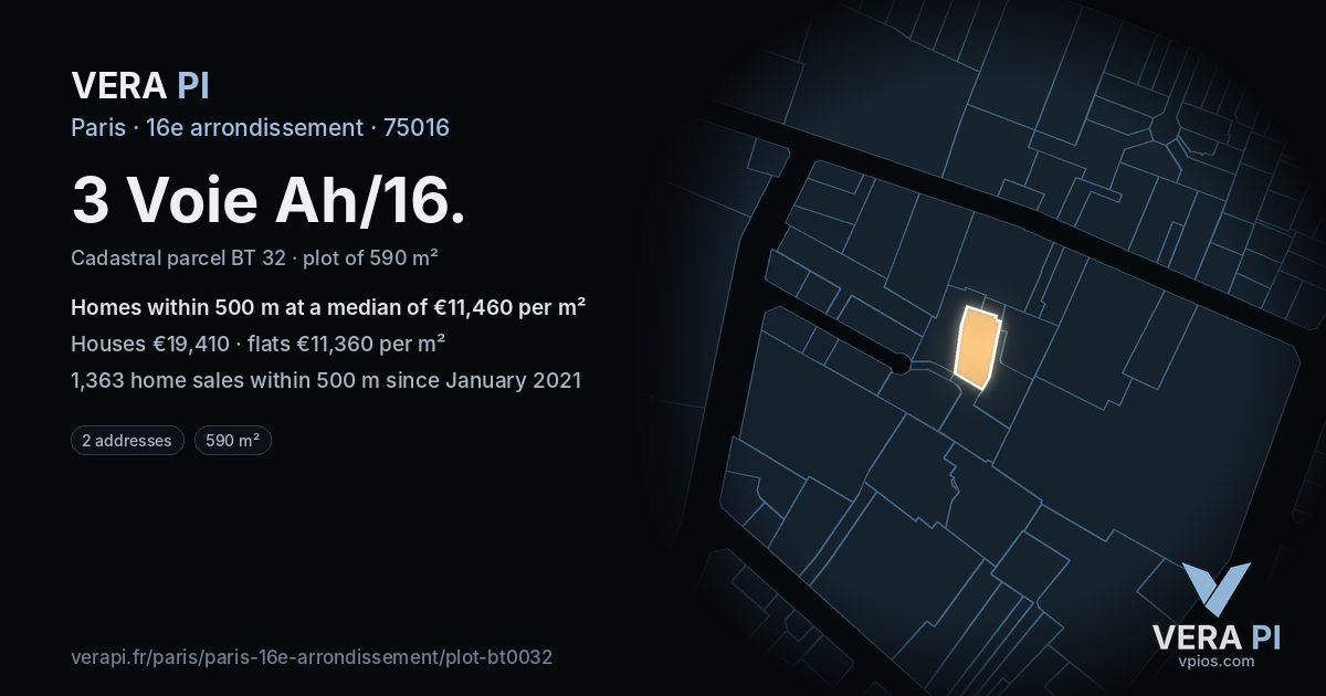 3 Voie Ah/16, 16e arrondissement at night – the plot lit, the parcels around coloured by the prices near them