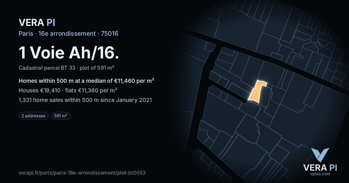 1 Voie Ah/16, 16e arrondissement at night – the plot lit, the parcels around coloured by the prices near them