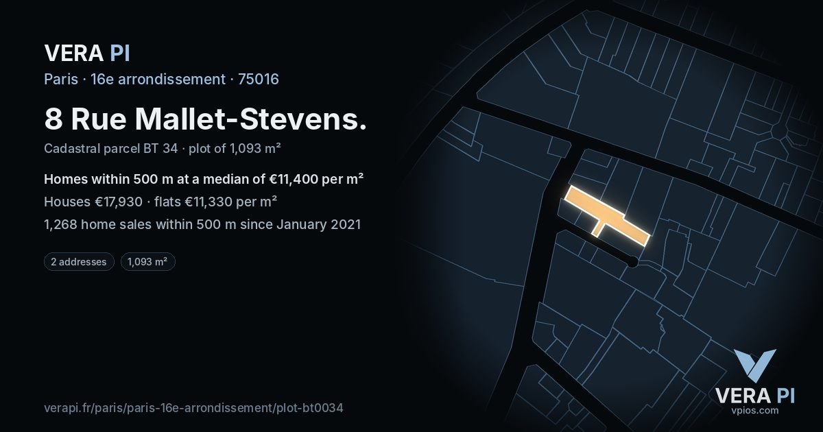 8 Rue Mallet-Stevens, 16e arrondissement at night – the plot lit, the parcels around coloured by the prices near them