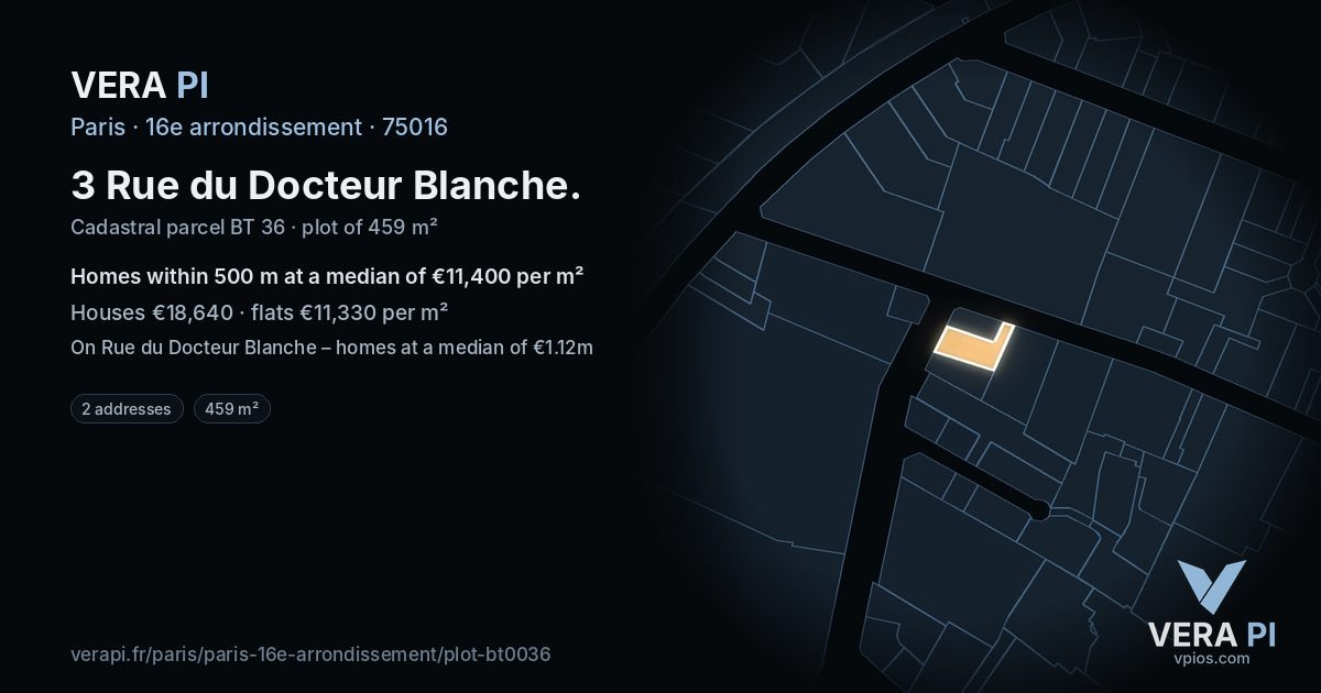 3 Rue du Docteur Blanche, 16e arrondissement at night – the plot lit, the parcels around coloured by the prices near them