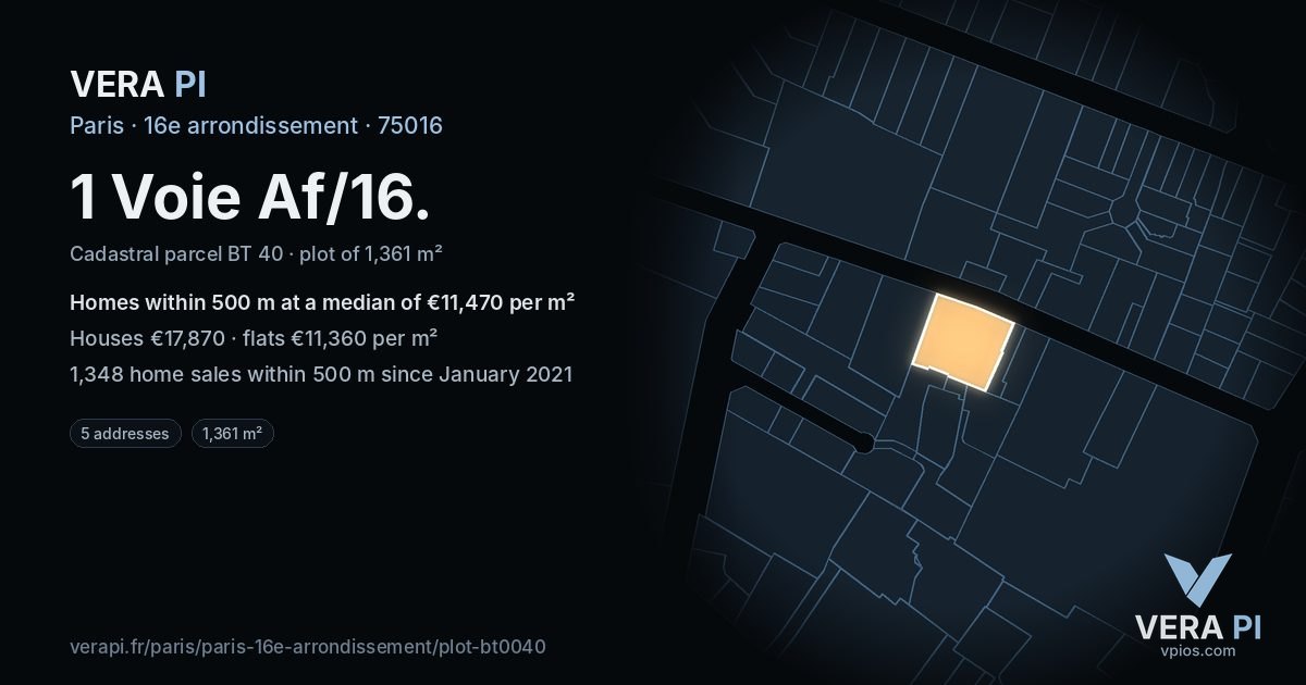 1 Voie Af/16, 16e arrondissement at night – the plot lit, the parcels around coloured by the prices near them