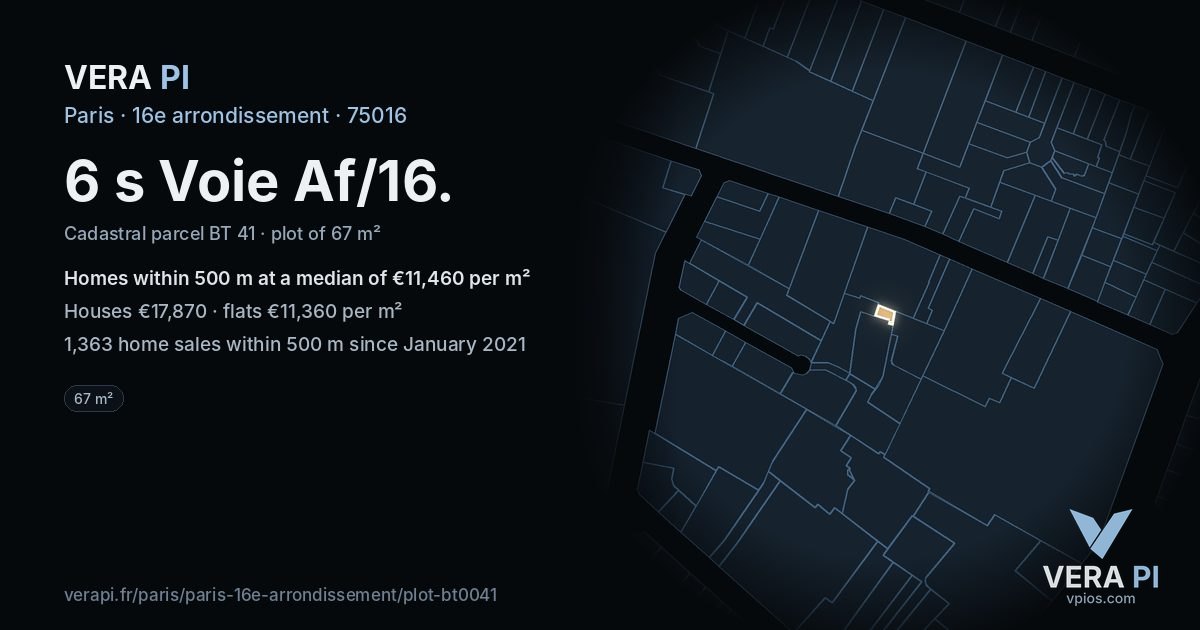 6 s Voie Af/16, 16e arrondissement at night – the plot lit, the parcels around coloured by the prices near them