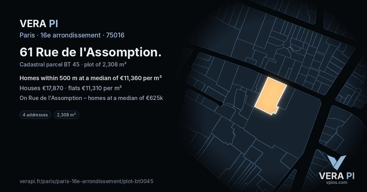 61 Rue de l'Assomption, 16e arrondissement at night – the plot lit, the parcels around coloured by the prices near them
